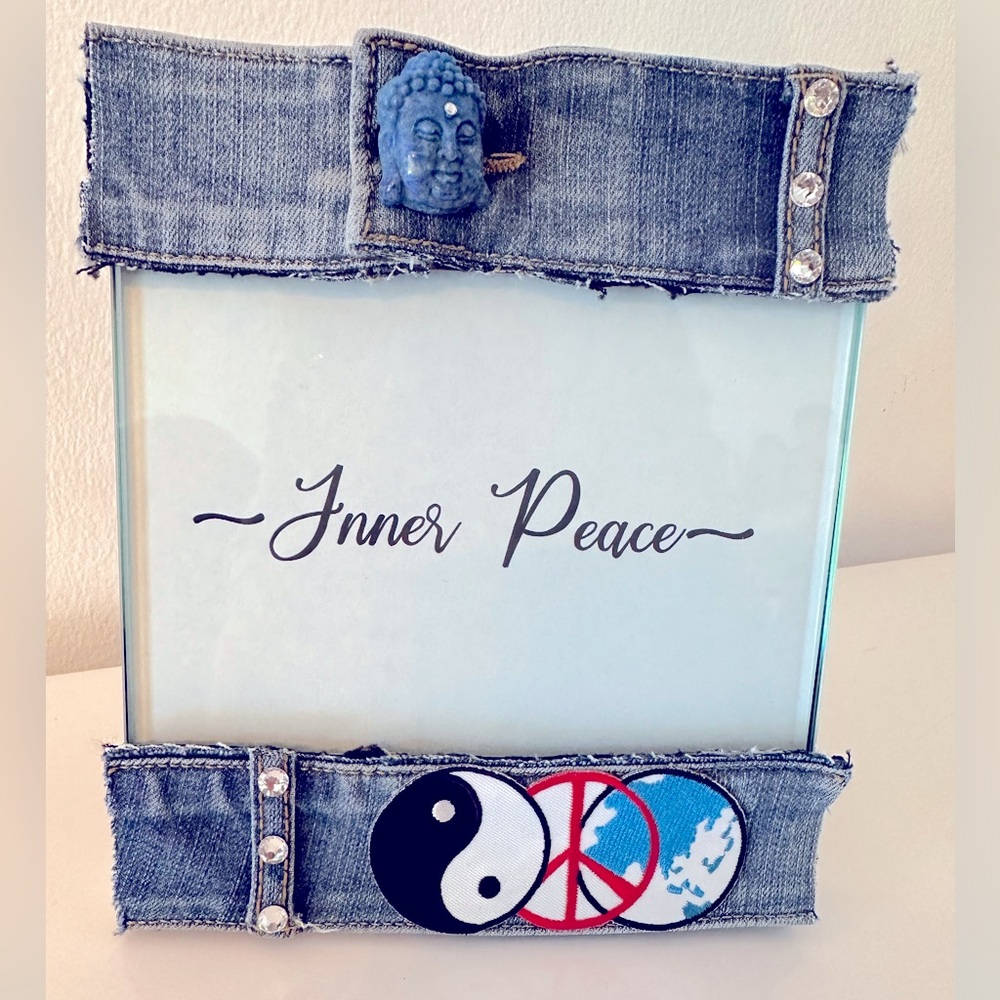 Denim Swarovski crystal picture frame 5 x 7 inner peace earth balance Buddha